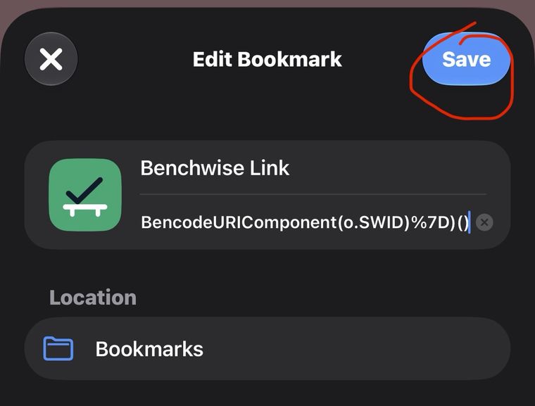 The Edit Bookmark screen with Save circled