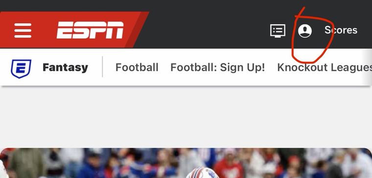 The ESPN page with the profile icon circled