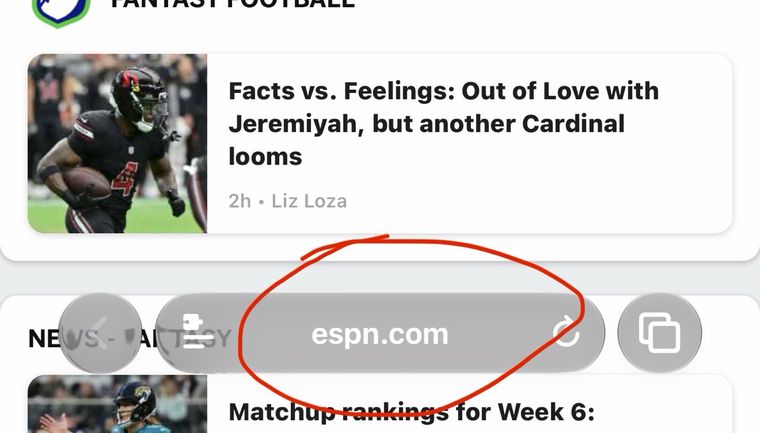 The ESPN page with the address bar circled