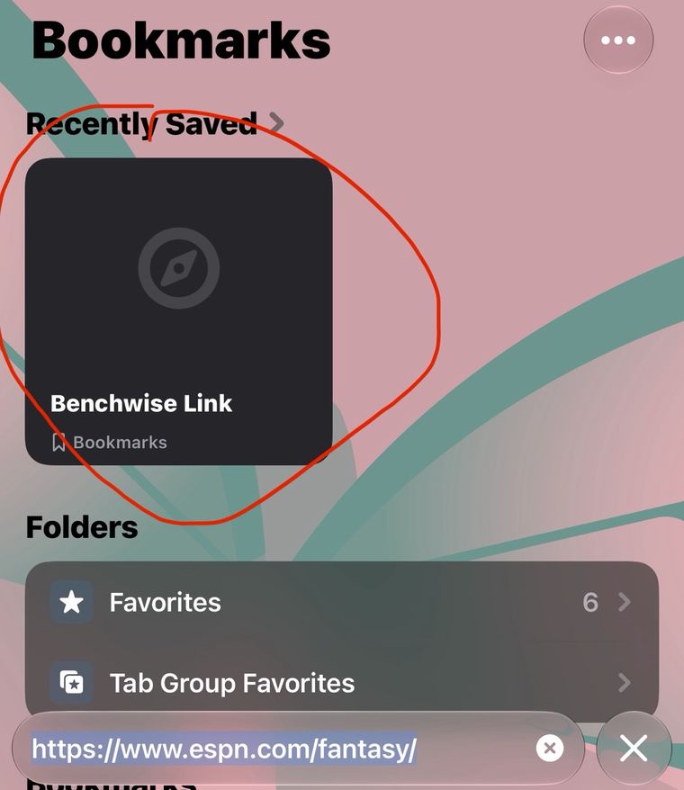 The Bookmarks panel over ESPN with Benchwise Link circled