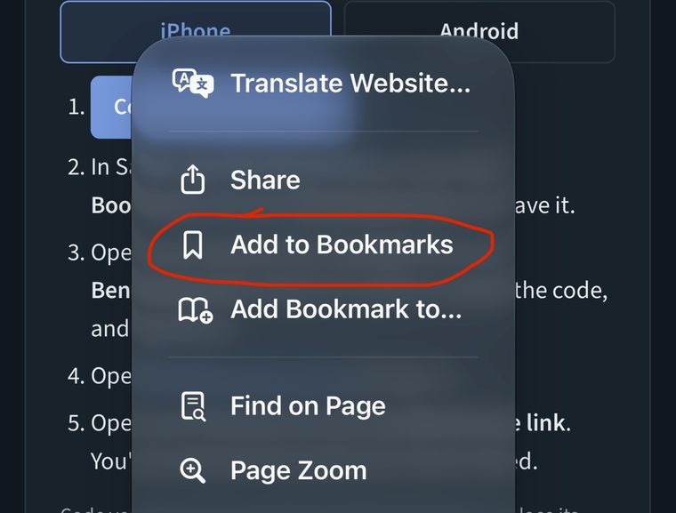 The page menu with Add to Bookmarks circled
