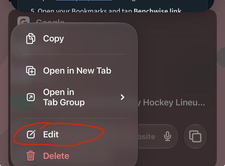 The bookmark menu with Edit circled