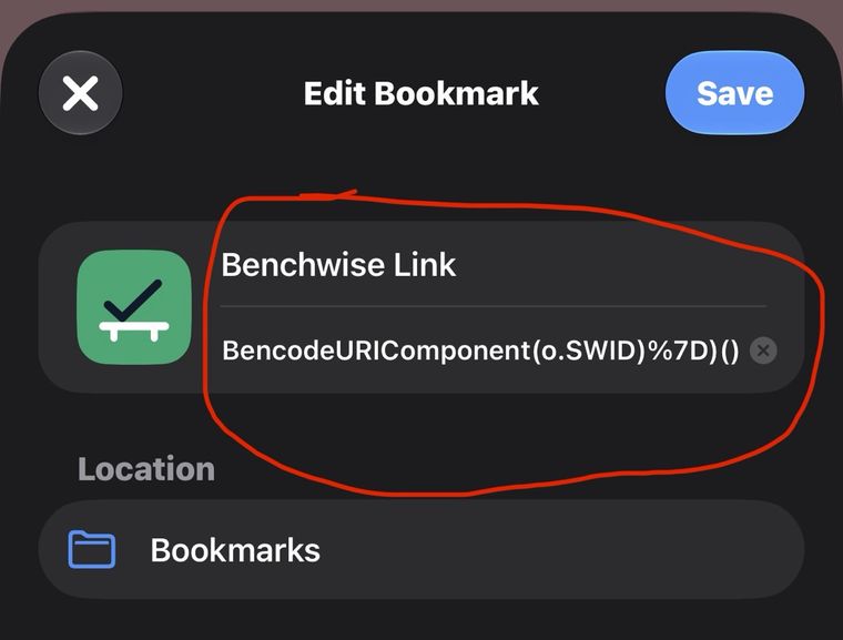 The Edit Bookmark screen with the name and pasted code circled